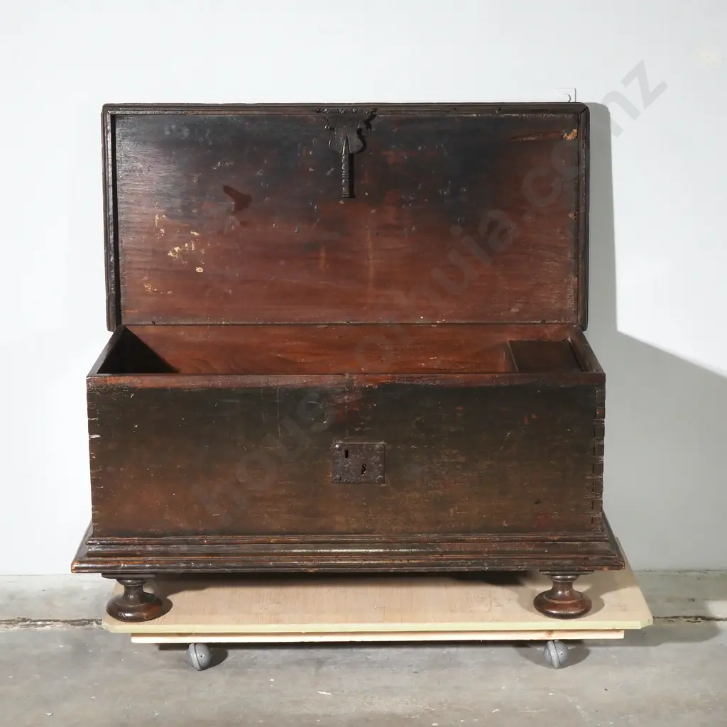 Early Oak Coffer w Hand Forged Metal Hardware & Interior Candle Box on Four Bun Feet w Rich Patina Image 1++