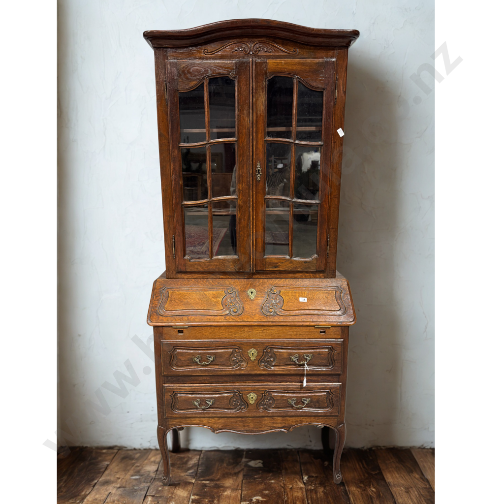 French Louis XV Style Fall Front  Oak Bureau Bookcase w Drawers Below, of Small Proportions Image 1++