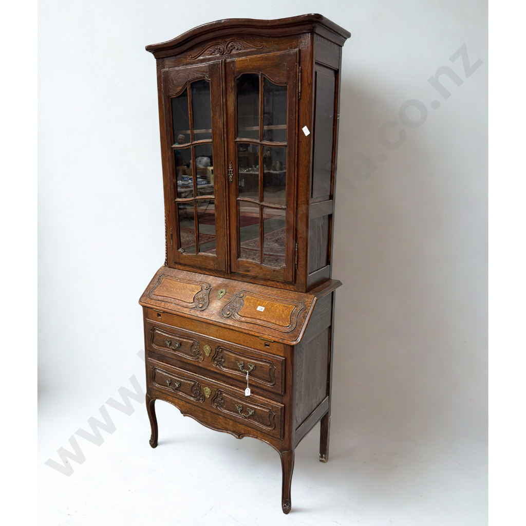French Louis XV Style Fall Front  Oak Bureau Bookcase w Drawers Below, of Small Proportions Image 1++