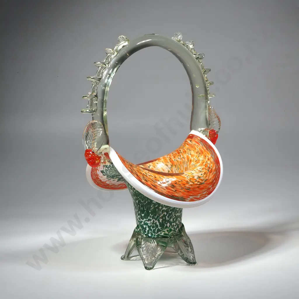 Colourful Murano Style Art Glass Basket w a Splatter Pattern In Orange & White w  Splatter Green Base & Applied Handle Image 1++