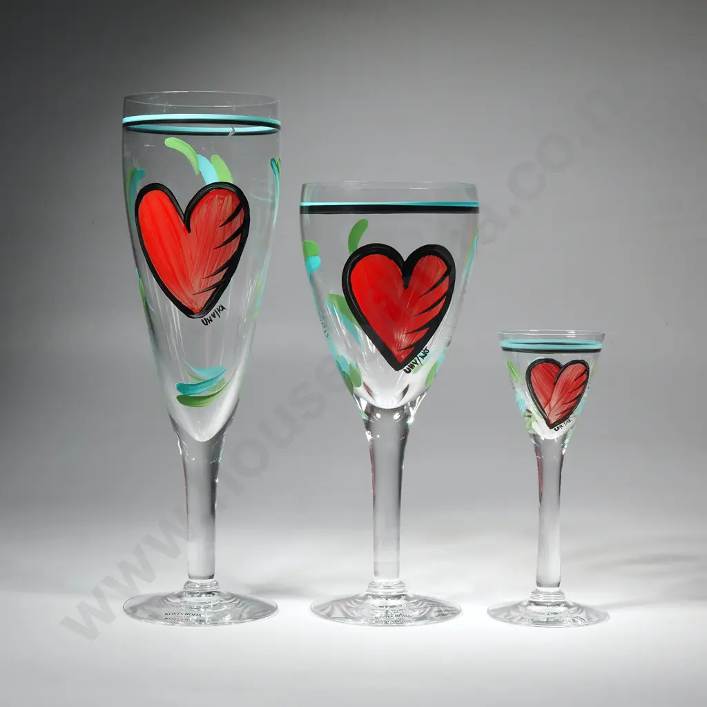 Three Kosta Boda "Hearts" Drinking Glasses Designed by Ulrica Hydman - Vallien w Red Heart Motifs Image 1++