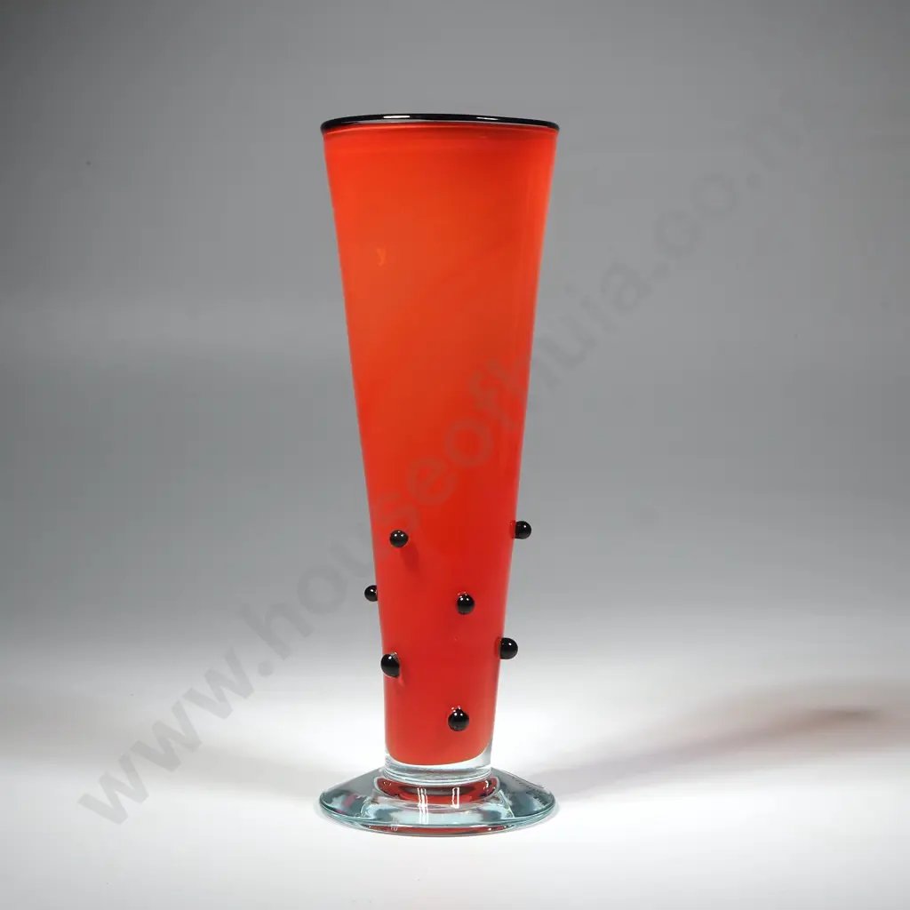 Hoglund  Red Art Glass Trumpet Vase w Black Rim & Applied Black Circles Image 1++