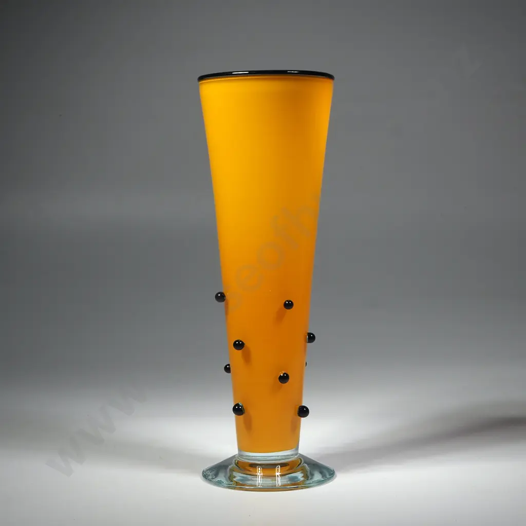 Hoglund Orange Art Glass Trumpet Vase w Black Rim & Applied Black Circles Image 1++