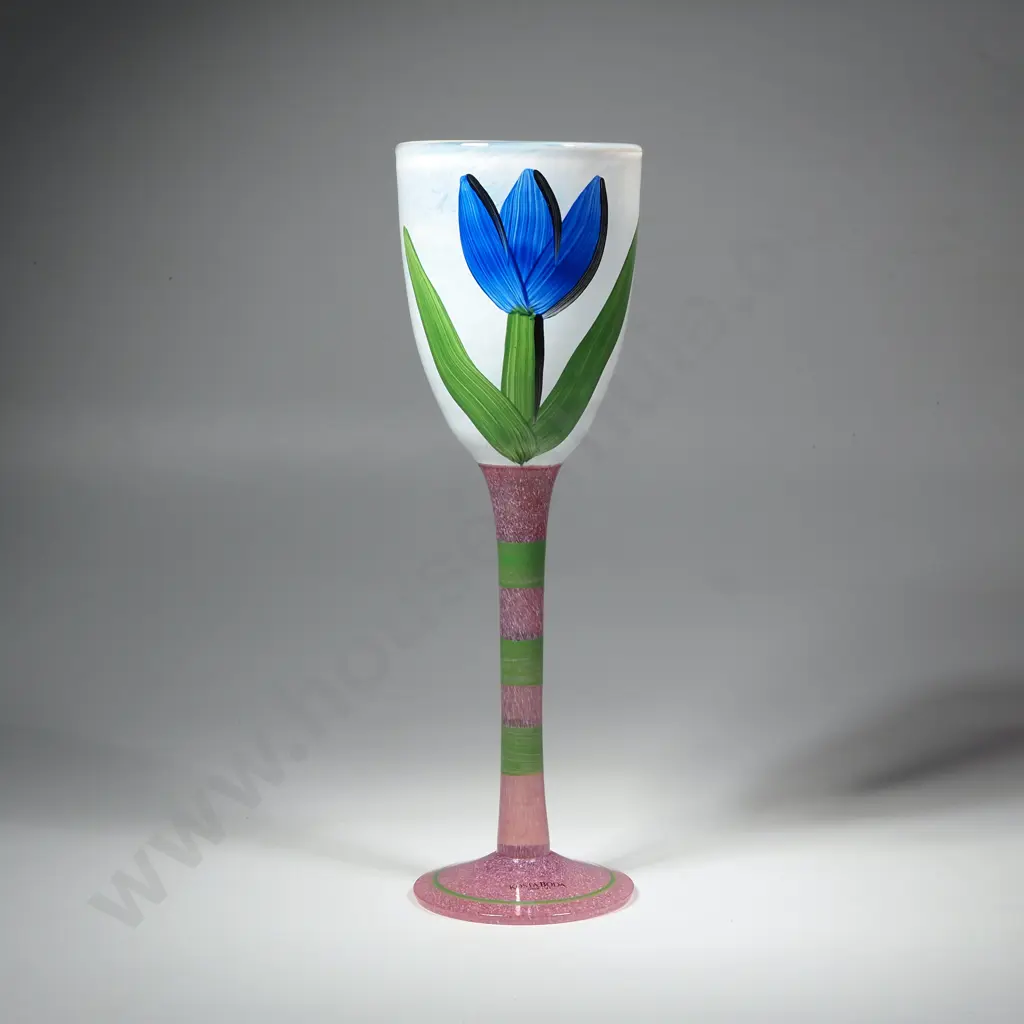 Kosta Boda 'Tulip' Wine Glass Designed by Ulrica Hydman Vallien w Blue Tulip on a White Bowl w Striped Stem Image 1++