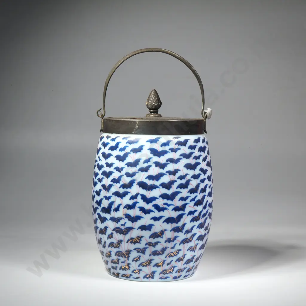 Antique Milk Glass Biscuit Barrel w Allover Leaf Design in Blue & Pink & w Silver Plate Lid & Handle w Pineapple Finial Image 1++