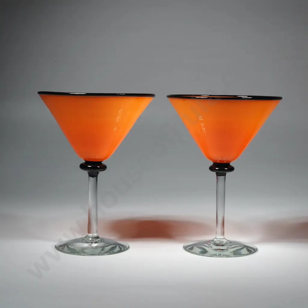 Pair of Art Deco Style Hand-Blown Orange Martini Glass w a Contrasting Black Trim & Clear Glass Stem Image 1++