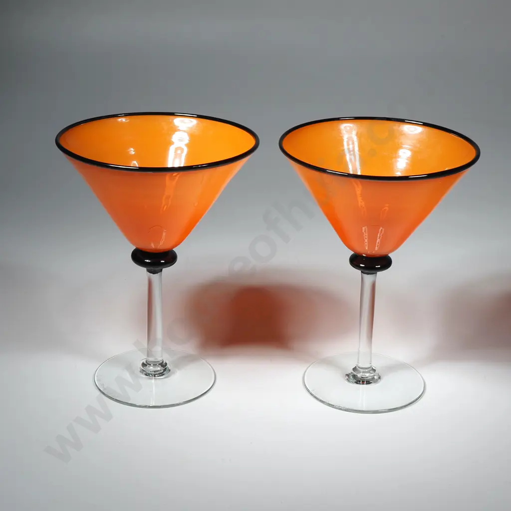 Pair of Art Deco Style Hand-Blown Orange Martini Glass w a Contrasting Black Trim & Clear Glass Stem Image 1++