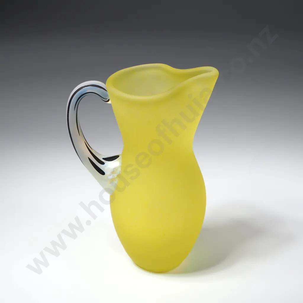 Kosta Boda Miniature 'Amazon' Yellow Frosted Glass Pitcher Designed by Gunnel Sahlin w a Black Striped Handle Image 1++