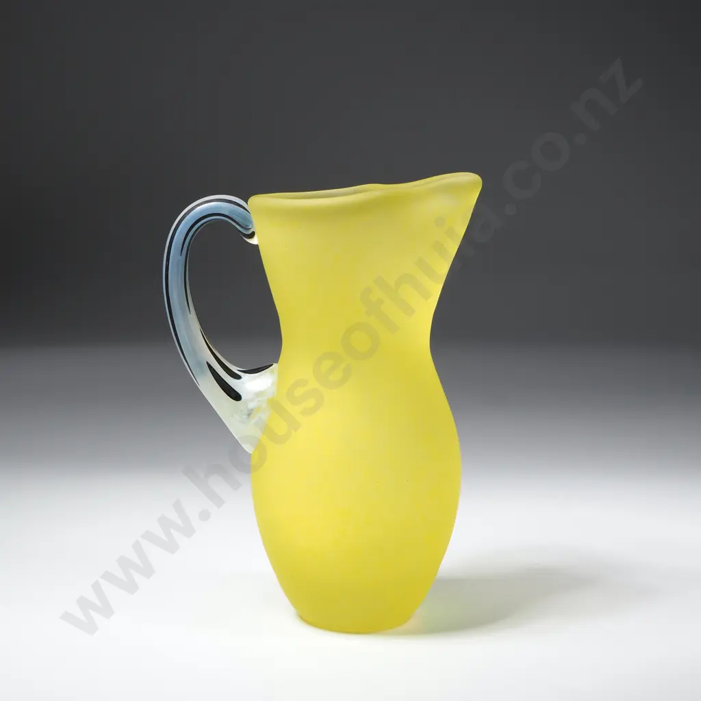 Kosta Boda Miniature 'Amazon' Yellow Frosted Glass Pitcher Designed by Gunnel Sahlin w a Black Striped Handle Image 1++