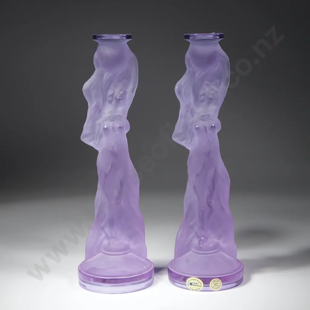 Pair of TOM Mauve Bohemian  Czech Glass CandlestickS Image 1++