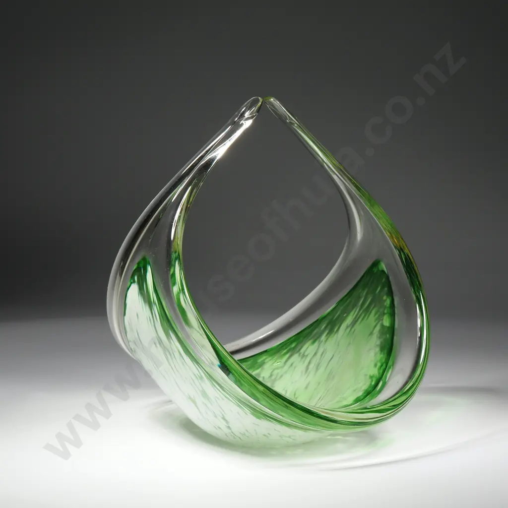Mid Century  Green & Clear Art Glass Centrepiece Basket in a Triangular Sculptural Shap Image 1++