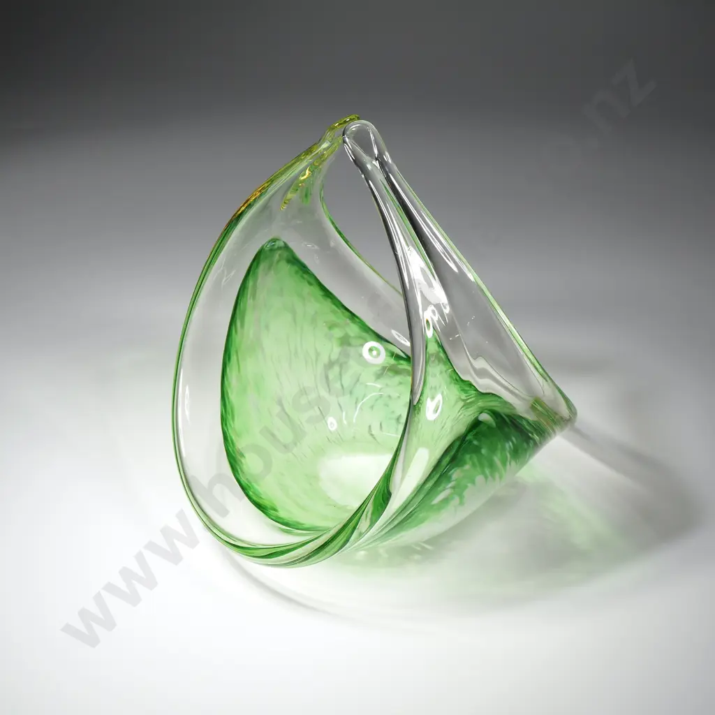 Mid Century  Green & Clear Art Glass Centrepiece Basket in a Triangular Sculptural Shap Image 1++