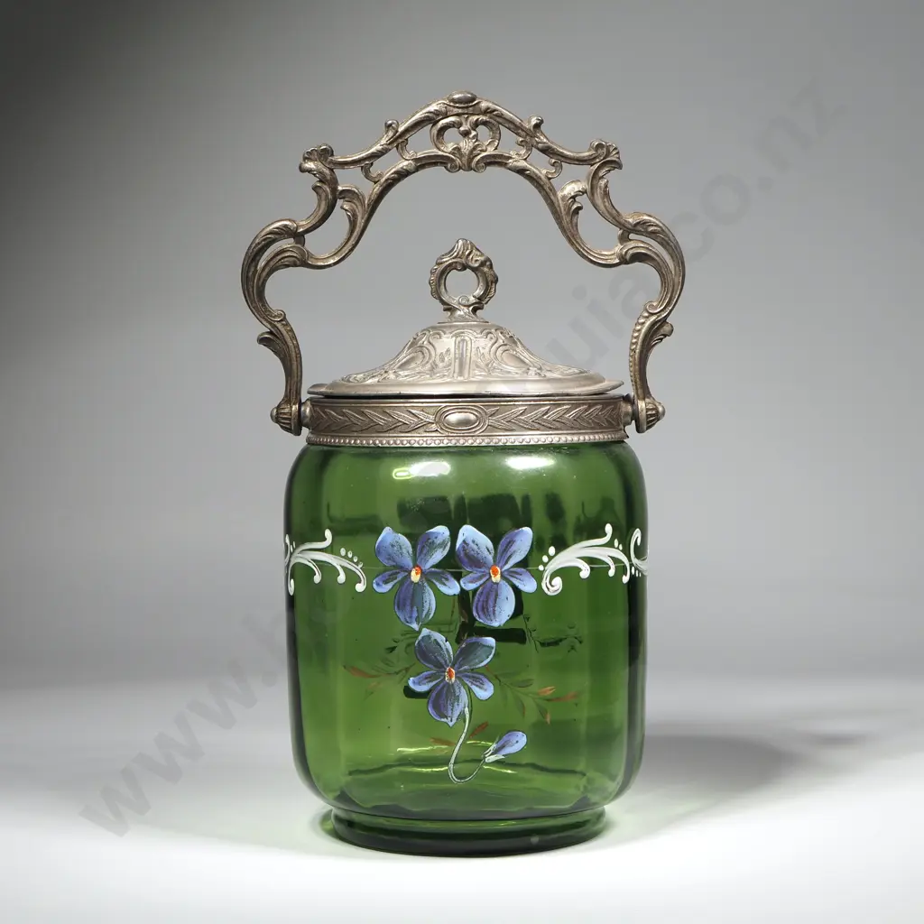 Vintage French? Art Nouveau Green Glass Biscuit Barrel w Enamel Floral Design & Metal LId Image 1++