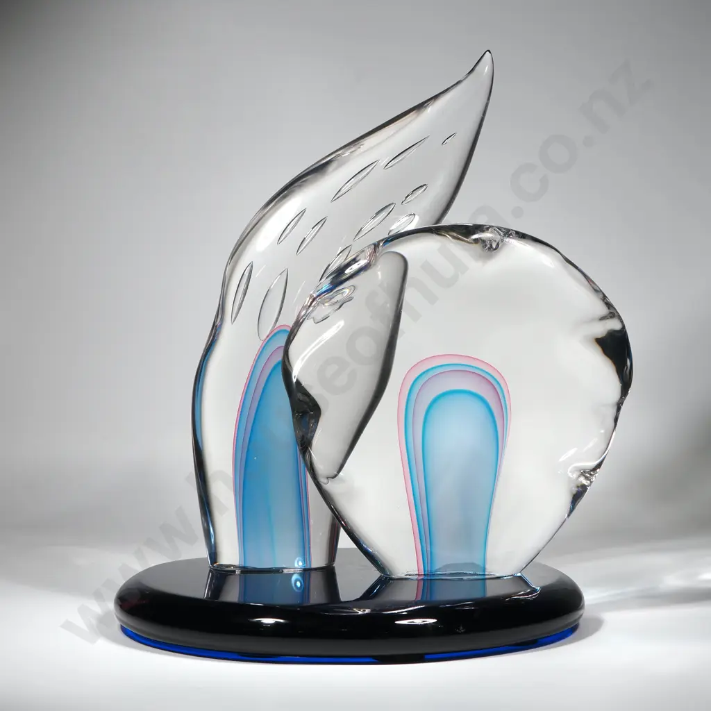 Large Danilo Zanella Murano Free Form Art Glass  Abstract Sculpture, Colour Infused in Clear Glass on Blue Glass Base Image 1++