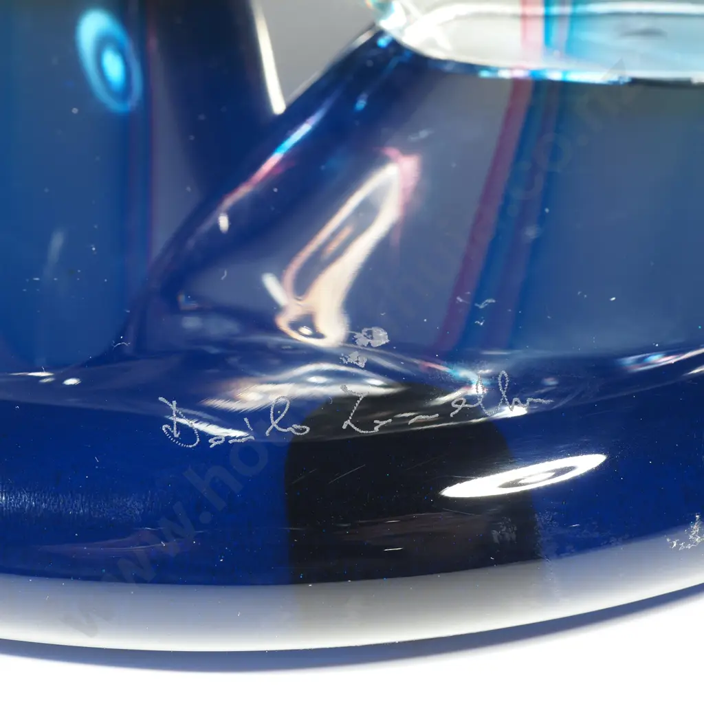 Large Danilo Zanella Murano Free Form Art Glass  Abstract Sculpture, Colour Infused in Clear Glass on Blue Glass Base Image 1++