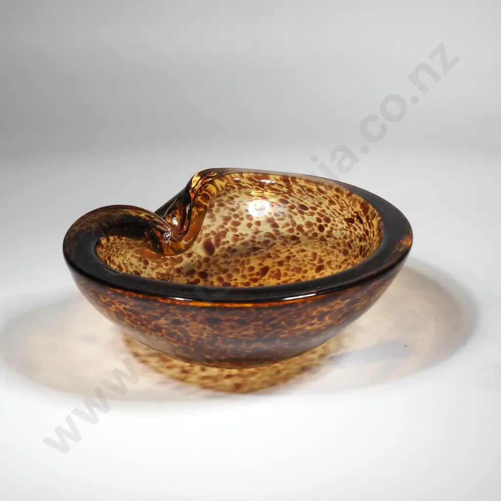 Vintage Murano Free Form  Art Glass Bowl w  Tortoiseshell Print Pattern in Amber & Brown Tones & Original Murano Sticker Image 1++