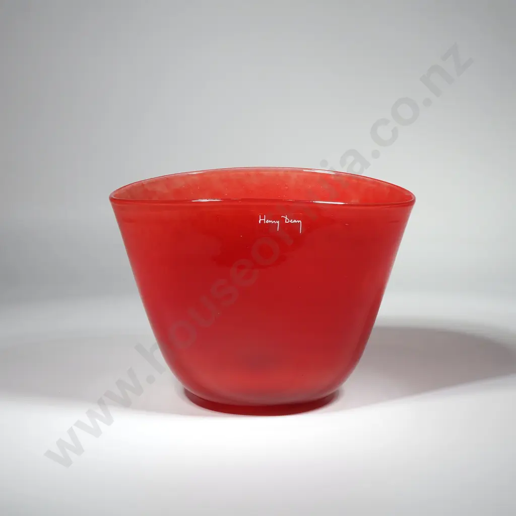 Henry Dean Belgian Studio Tomato Red Art Glass  Bowl Of Oval Form, Signed to Base Image 1++
