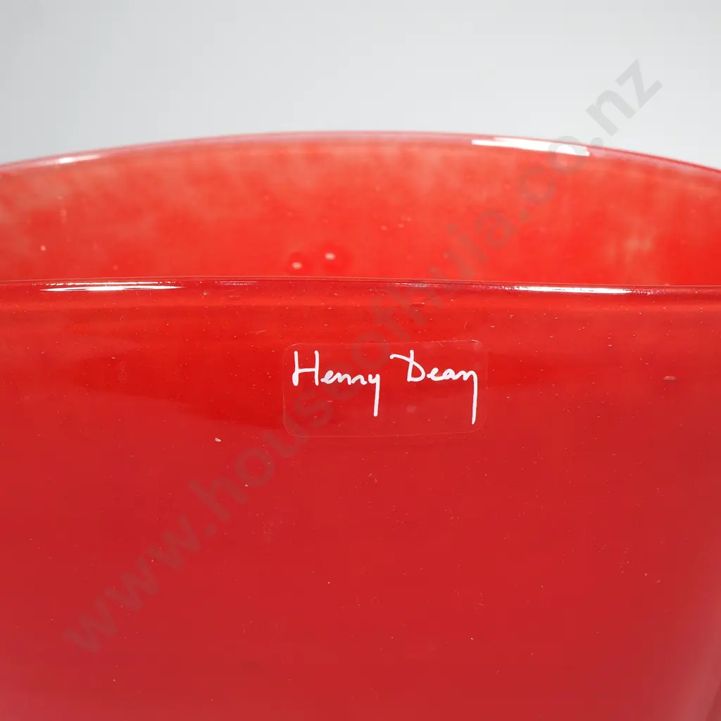 Henry Dean Belgian Studio Tomato Red Art Glass  Bowl Of Oval Form, Signed to Base Image 1++