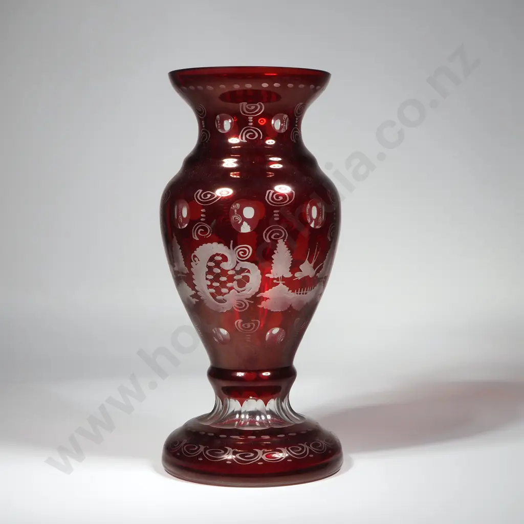 Vintage Bohemian Cut to Clear Ruby Flashed Glass Vase Image 1++