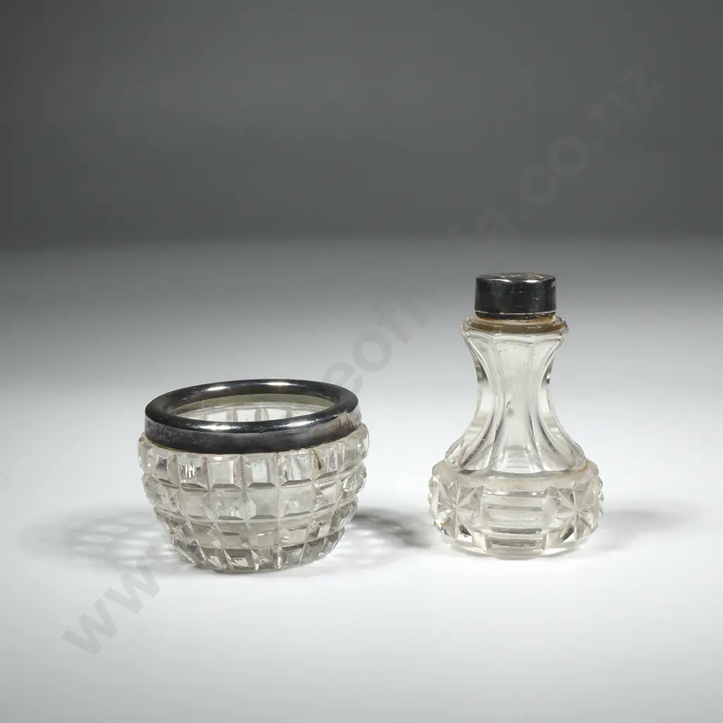 Glass Open Salt w Sterling Silver Rim & Glass Pepper Pot w Sterling Rim Image 1++