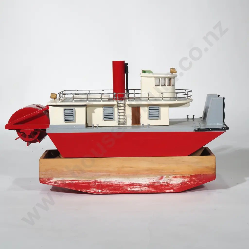Model Paddle Steamer & Barge Painted Red & Grey & w a wire Railing Image 1++