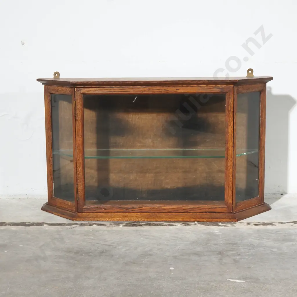 Small Oak Framed Wall Display Cabinet With Slanted Corners.The Interior w One Glass Shelf Image 1++