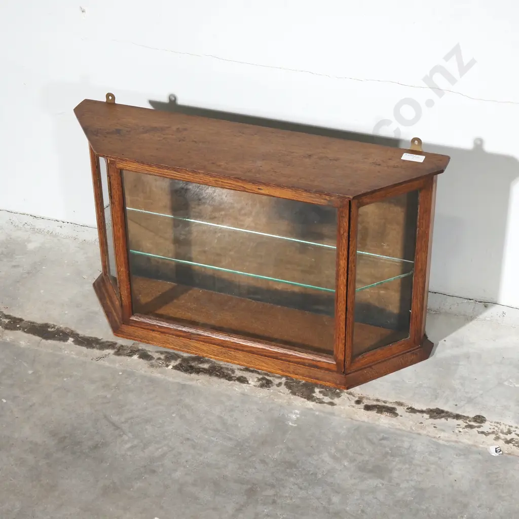 Small Oak Framed Wall Display Cabinet With Slanted Corners.The Interior w One Glass Shelf Image 1++