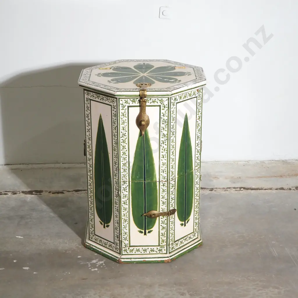 Hand Painted Octagonal Moroccan Style Wooden Table w White Ground & Green & Vine Hand Painted Leaf Decoration Image 1++