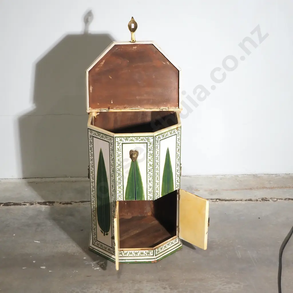 Hand Painted Octagonal Moroccan Style Wooden Table w White Ground & Green & Vine Hand Painted Leaf Decoration Image 1++