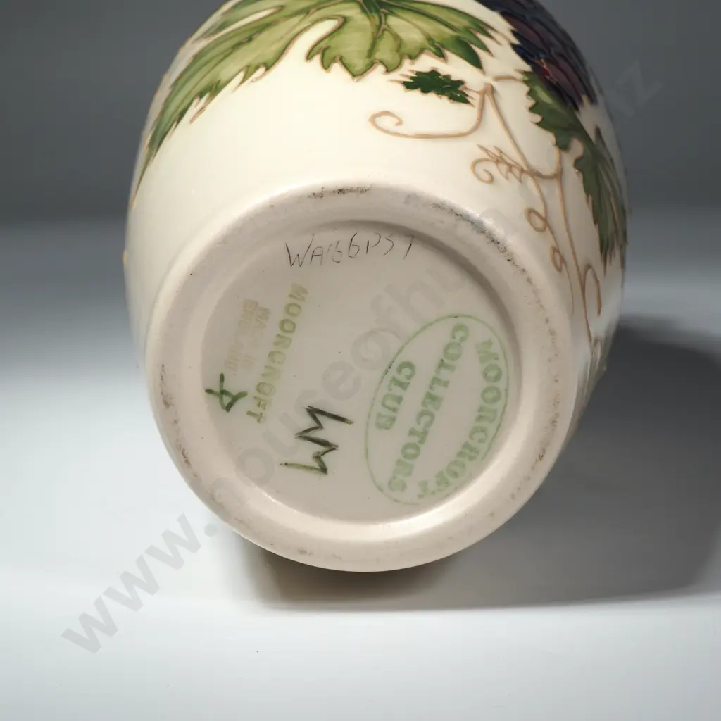 Moorcroft Pottery Grapevine Vase Designed by Sally Tuffin Featuring Purple Grapes on a Cream Coloured Ground Image 1++