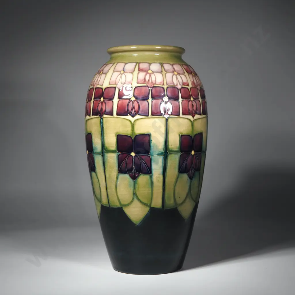 Large Moorcroft Pottery Violet Pattern Vase, Designed by Sally Tuffin, circa 1991, of Elongated Ovoid Form Image 1++