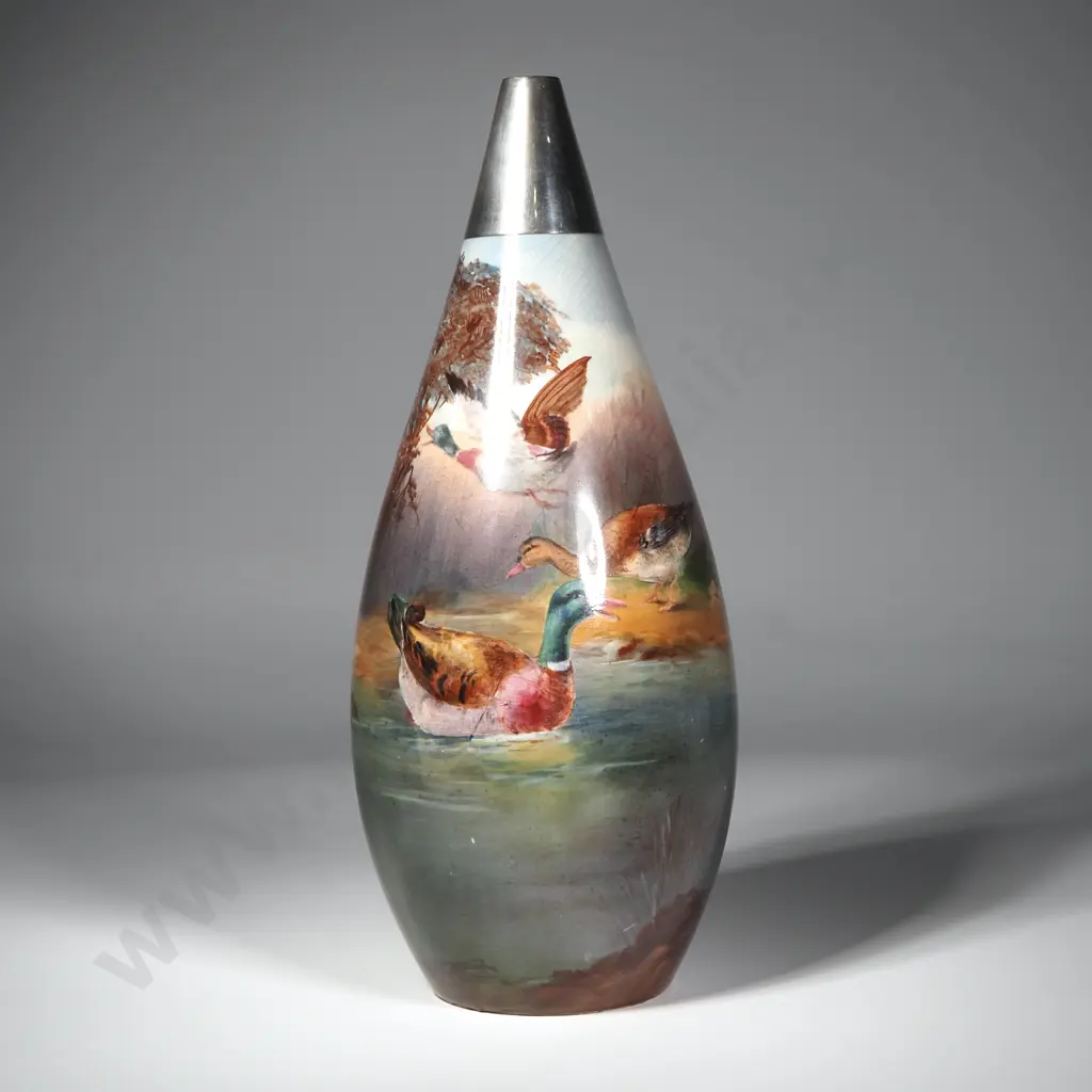 Royal Winton Vase w Silver Plate Rim Handpainted w Ducks & Signed JAH Image 1++