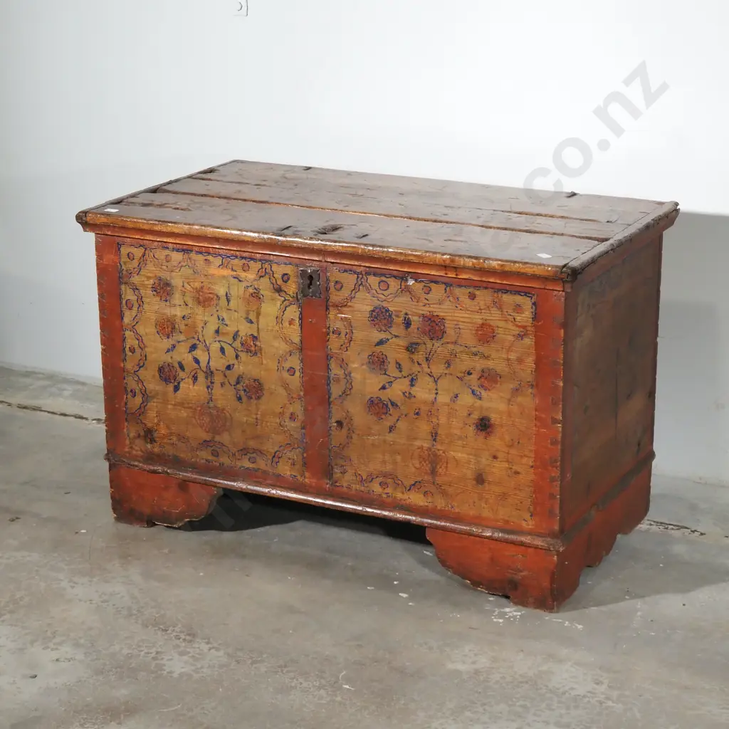 Large Antique Baltic Pine Folk Art Chest,Original Hand Painted Floral  Decoration w Original Hardware & on Bracket Feet Image 1++