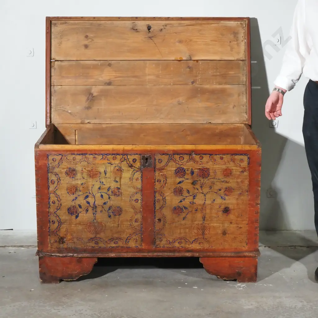 Large Antique Baltic Pine Folk Art Chest,Original Hand Painted Floral  Decoration w Original Hardware & on Bracket Feet Image 1++