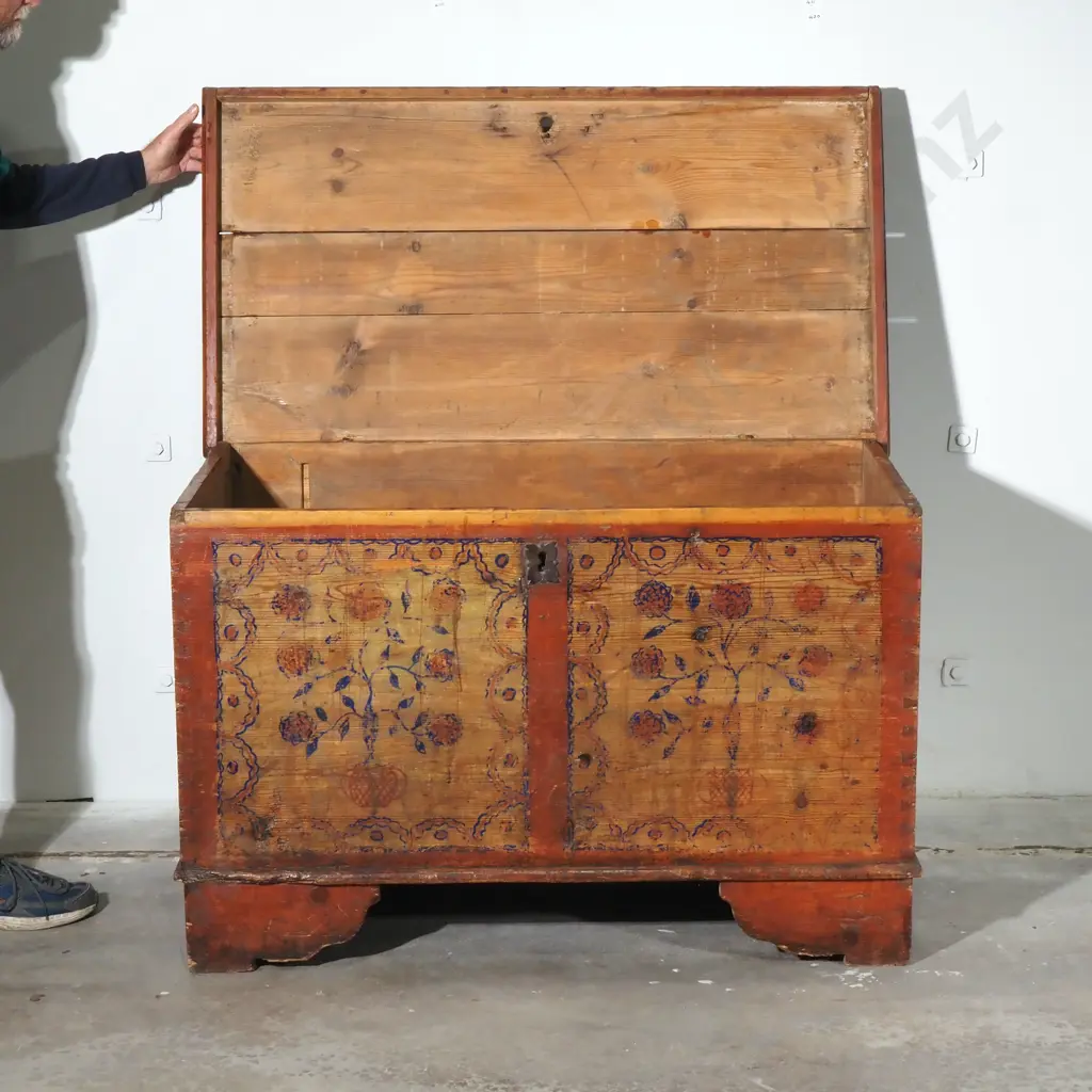 Large Antique Baltic Pine Folk Art Chest,Original Hand Painted Floral  Decoration w Original Hardware & on Bracket Feet Image 1++