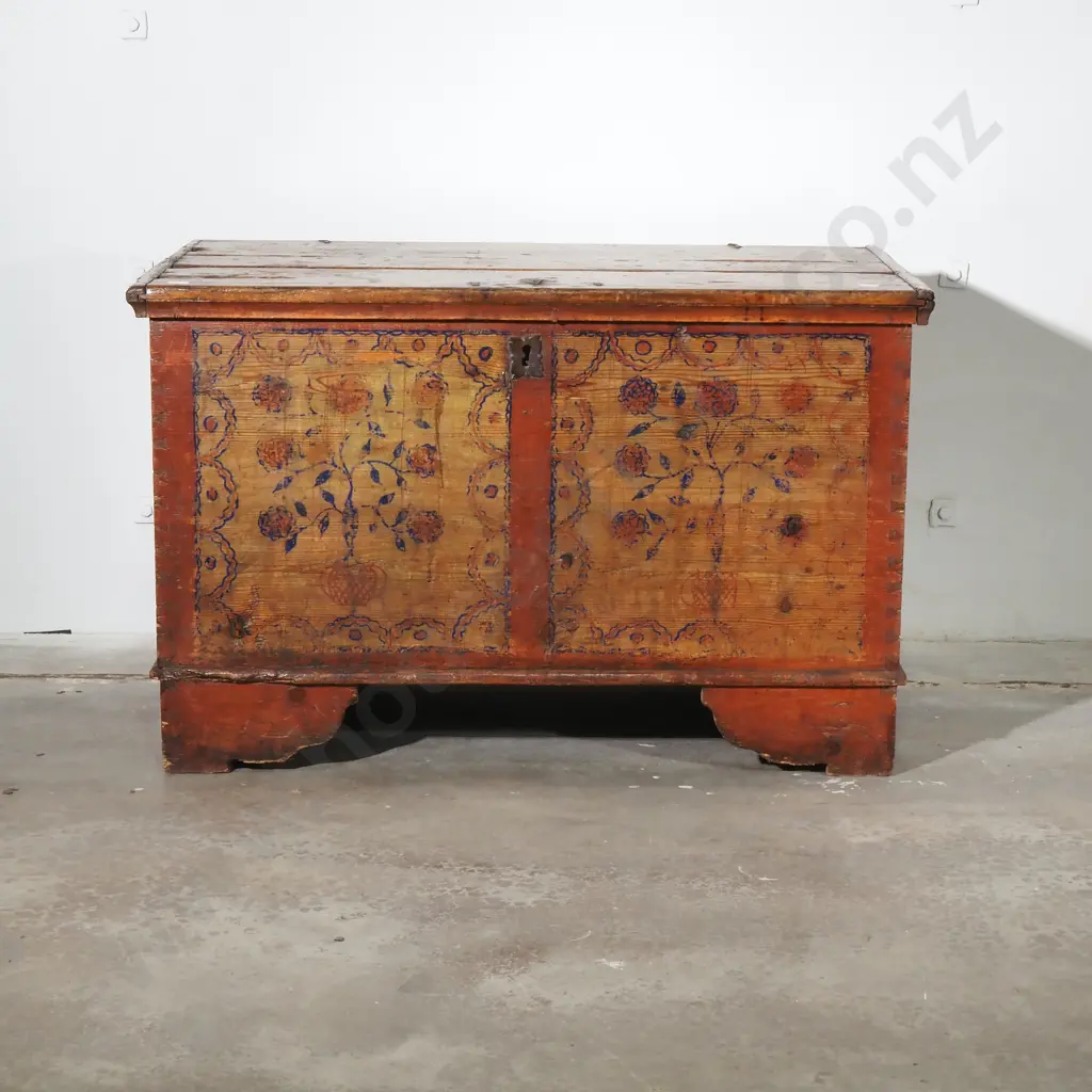 Large Antique Baltic Pine Folk Art Chest,Original Hand Painted Floral  Decoration w Original Hardware & on Bracket Feet Image 1++