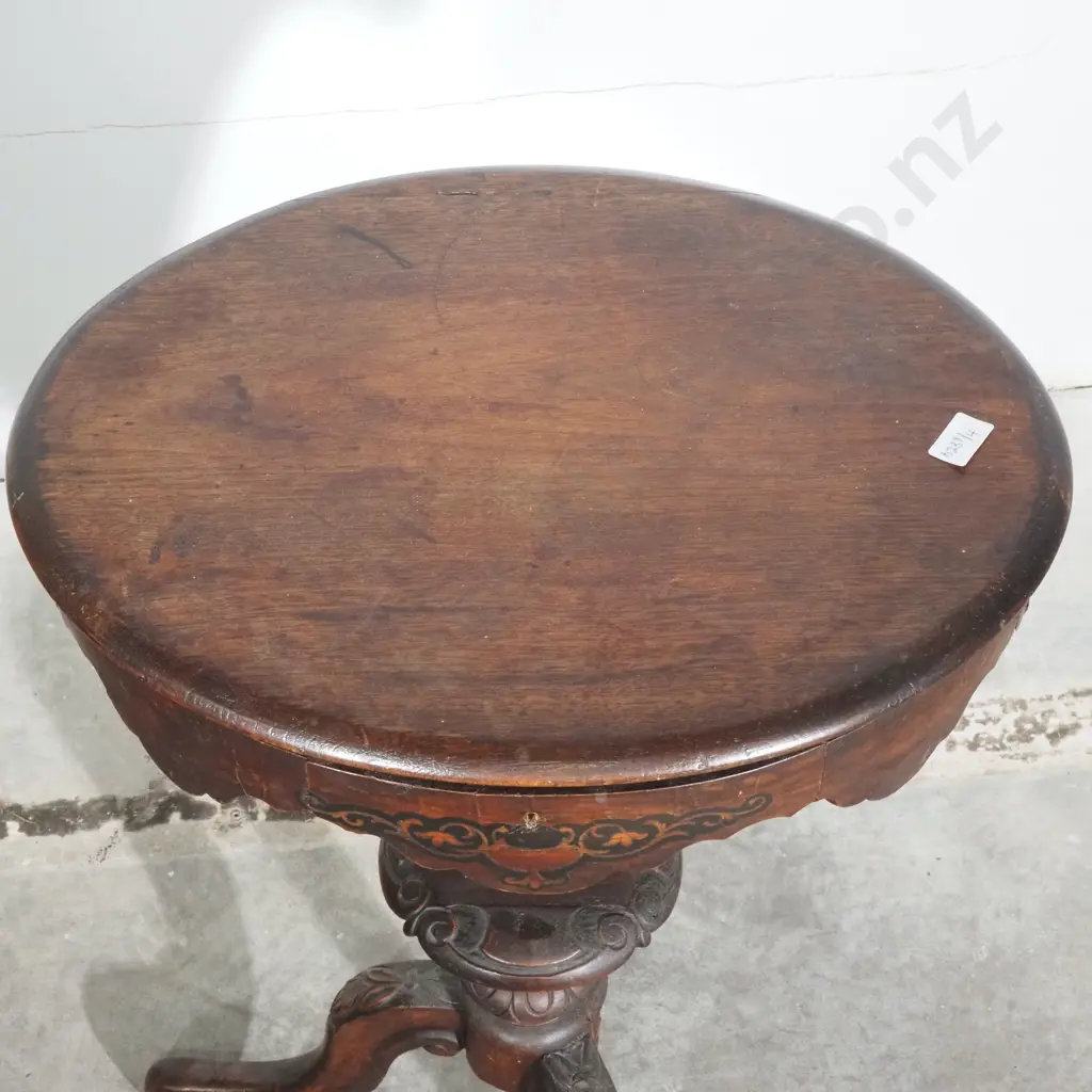 Late Victorian Mahogany Sewing Work Table with Oval Top, Trumpet Shaped Column  & Carved Tripod Base Image 1++