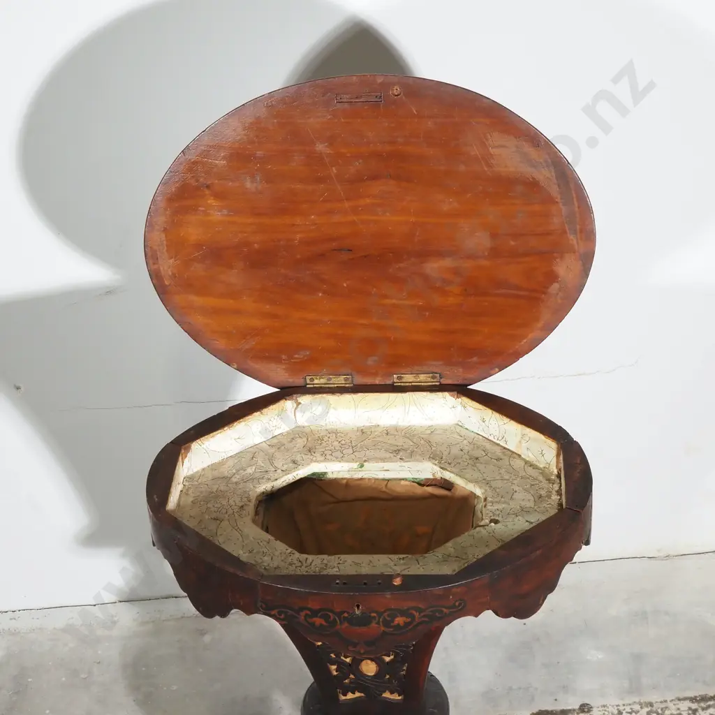 Late Victorian Mahogany Sewing Work Table with Oval Top, Trumpet Shaped Column  & Carved Tripod Base Image 1++