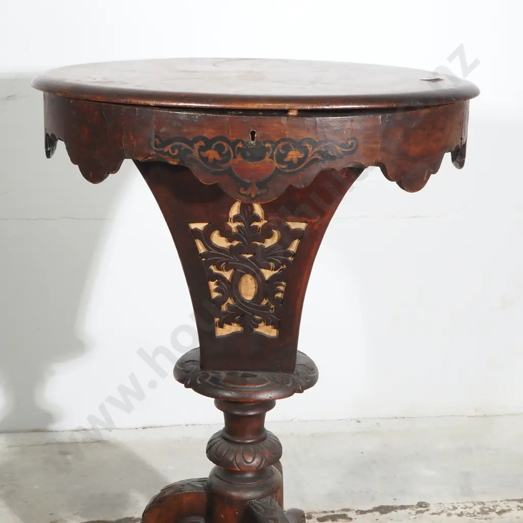 Late Victorian Mahogany Sewing Work Table with Oval Top, Trumpet Shaped Column  & Carved Tripod Base Image 1++