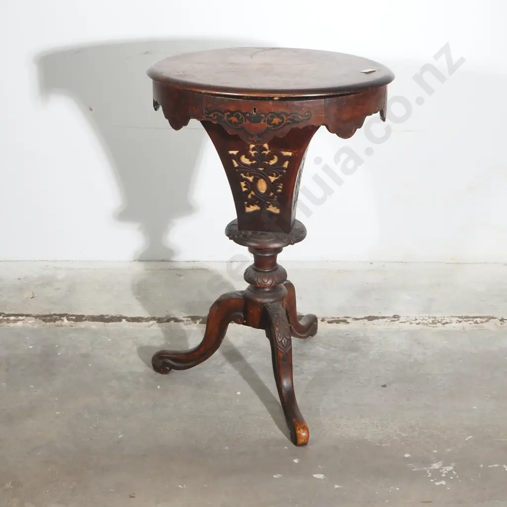Late Victorian Mahogany Sewing Work Table with Oval Top, Trumpet Shaped Column  & Carved Tripod Base Image 1++