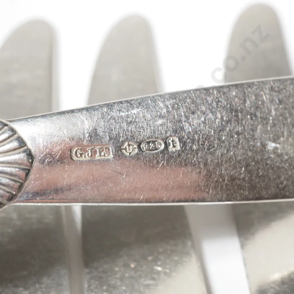 Sterling Silver Georg Jensen Set of Six Fish Knives & Forks, Fish Servers & Six Butter Knives in the Cactus Pattern Image 1++