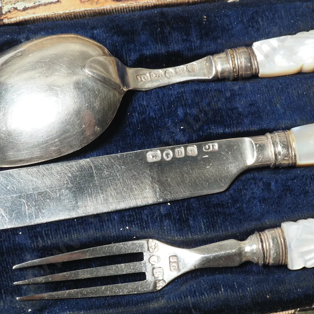 Cased Antique Sterling Silver & Mother of Pearl Handled Knife Fork Spoon Set Image 1++