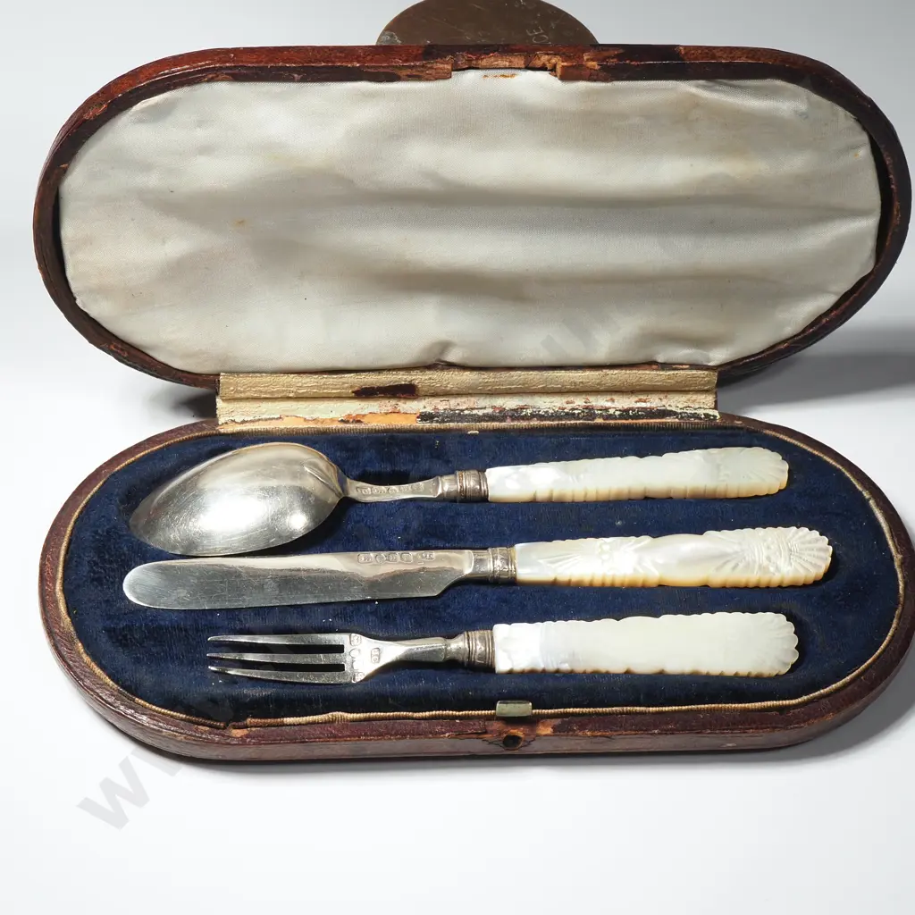 Cased Antique Sterling Silver & Mother of Pearl Handled Knife Fork Spoon Set Image 1++