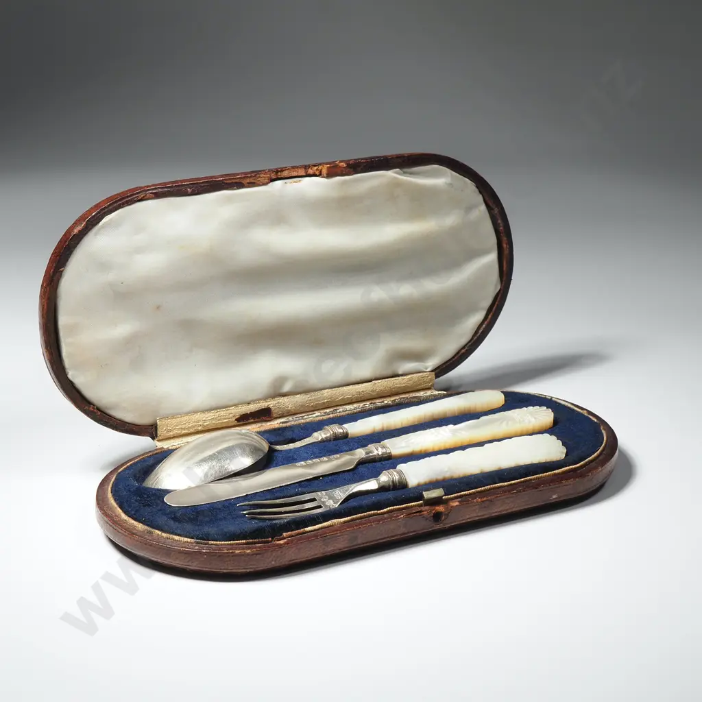Cased Antique Sterling Silver & Mother of Pearl Handled Knife Fork Spoon Set Image 1++