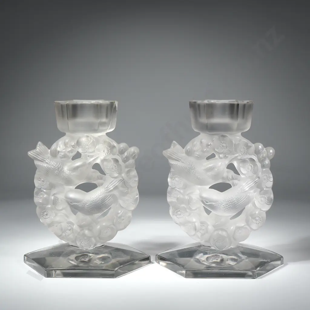 Pair of Lalique 'Mesanges' Frosted Crystal Candlestick w Wreath of Birds & Floral Image 1++