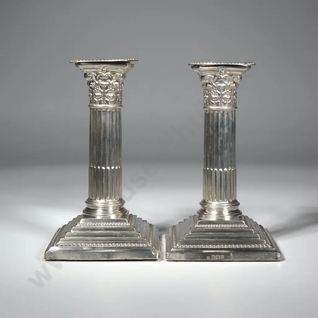Pair of Sterling Silver Corinthian Column Candlesticks, Sheffield 1907 Image 1++
