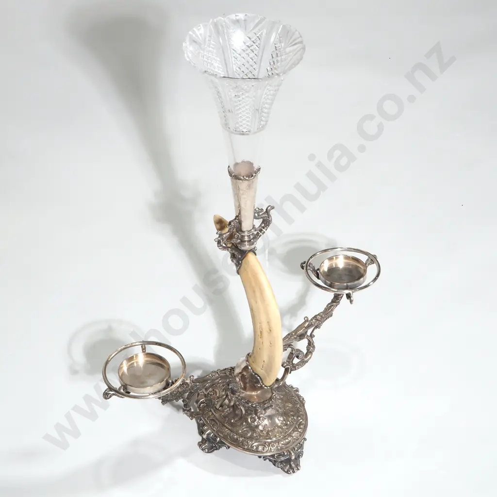 Hippo Tusk Table Centre Piece w Epergne Centrepiece Featuring a Cut Crystal Vase & Ornate Silver Plate Image 1++