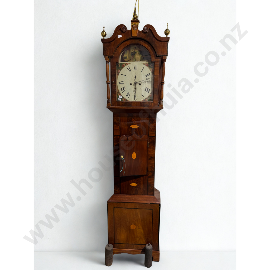 Large Antique Inlaid & Cross Banded Mahogany Grandfather Clock w Hand Painted Dial, Swan Neck Pediment & Brass Finials Image 1++