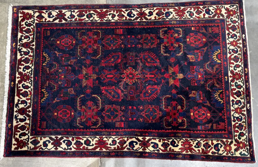 Wool Rug In the Style of Nahavand w Deep Blue & Red Geometric Patterns & a Cream Border Image 1++