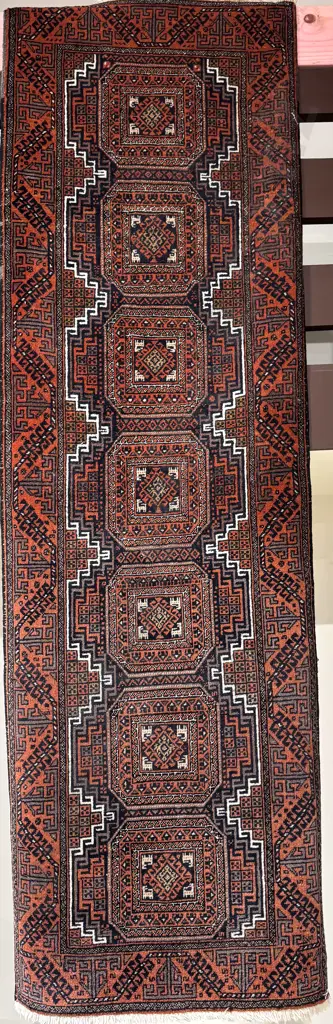 Afghan Baluch Runner w Repeating Geometrical Tribal Patterns on a Terracotta Ground Image 1++